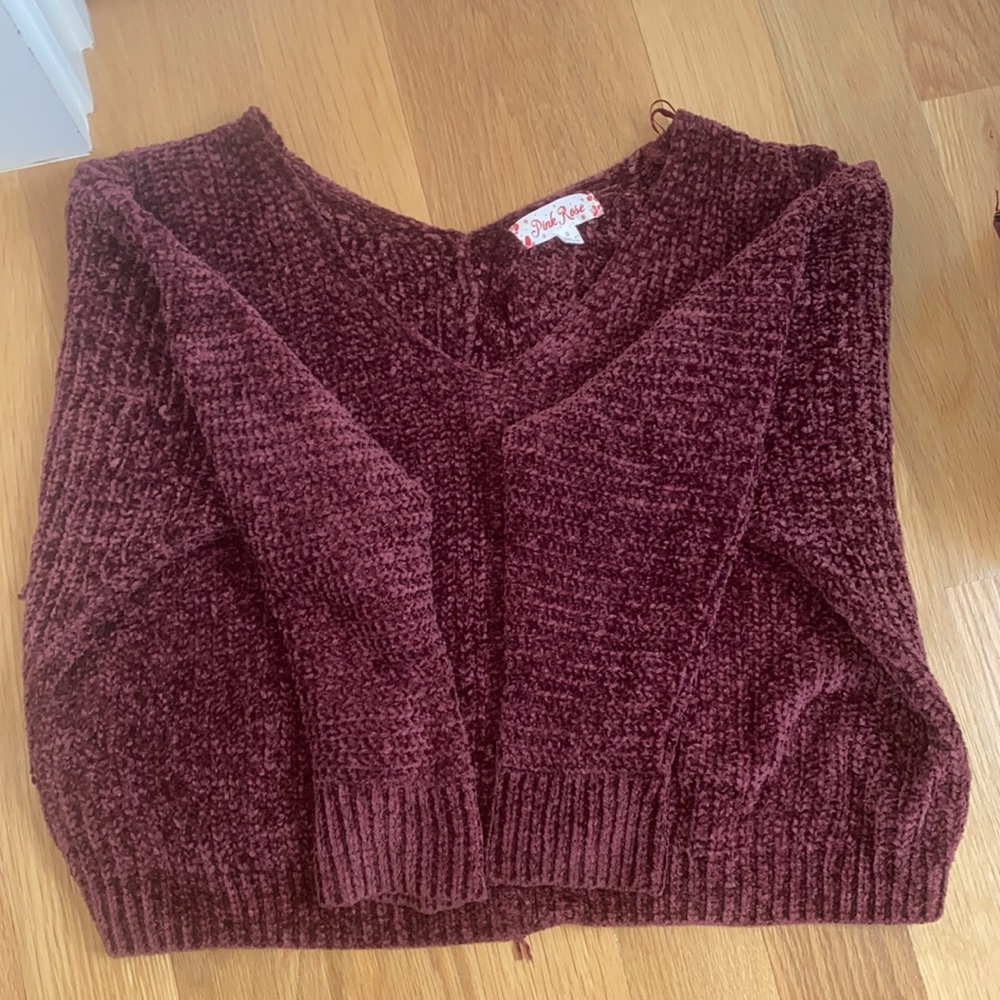 Wine colored fuzzy v neck sweater